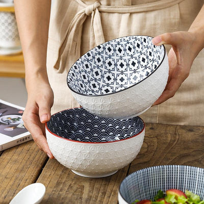 6 Inch Japanese Striped Ceramic Bowl.