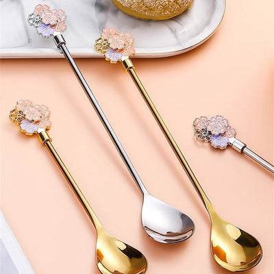 2 Piece Cherry Blossom Stainless Steel Coffee & Dessert Spoon Set (Gold & Silver)