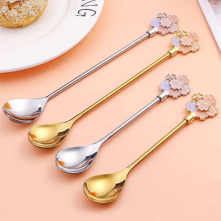 2 Piece Cherry Blossom Stainless Steel Coffee & Dessert Spoon Set (Gold & Silver)