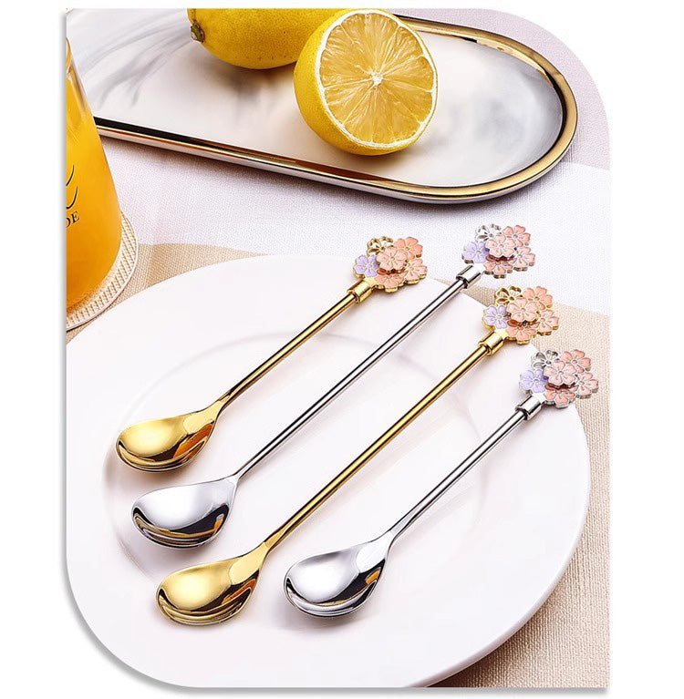 2 Piece Cherry Blossom Stainless Steel Coffee & Dessert Spoon Set (Gold & Silver)