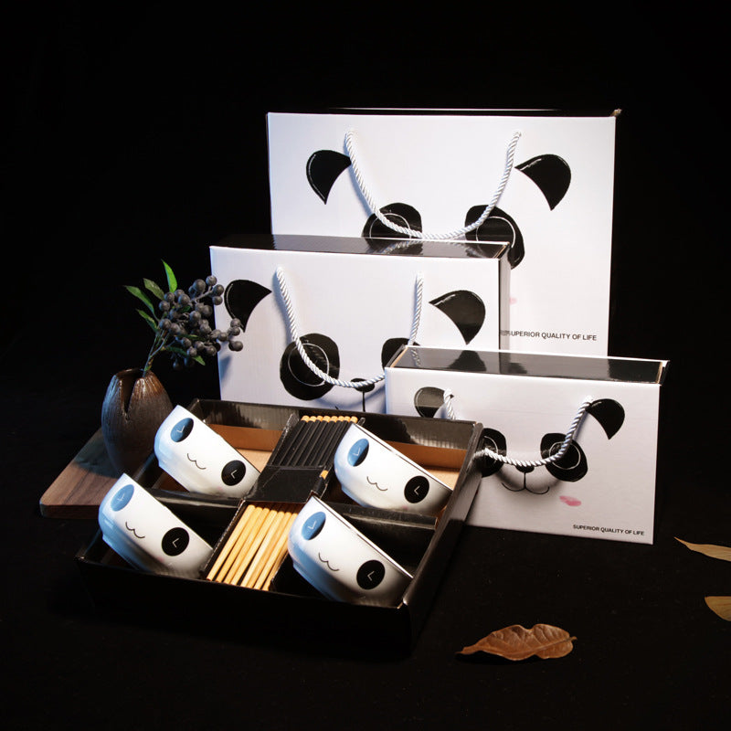 4 Piece Panda Ceramic Salad Bowl and Chopsticks Set