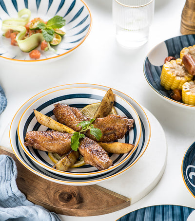 8 Inch Patterned Ceramic Plate Set in Navy