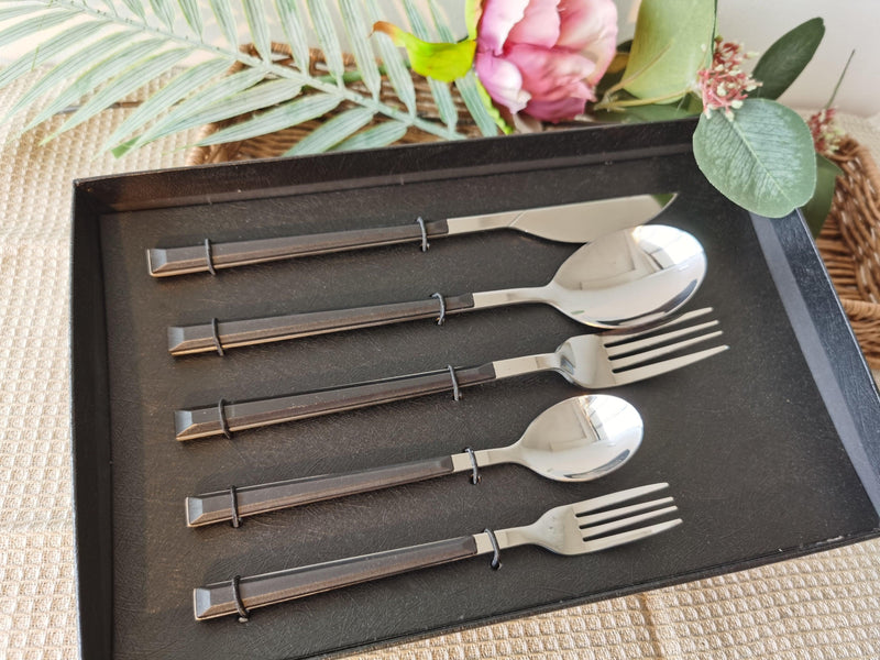 5 Piece Black Handle and Stainless Steel Cutlery Set, Dinnerware Set.