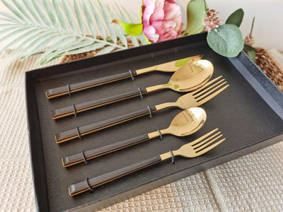 5 Piece Black Handle and Stainless Steel Cutlery Set, Dinnerware Set.