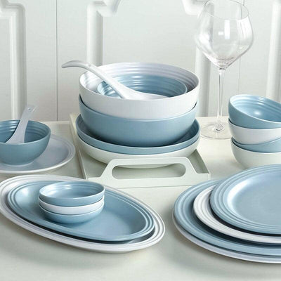 Classic European rim dinner plate, Ceramic dinnerware in Light Blue and White